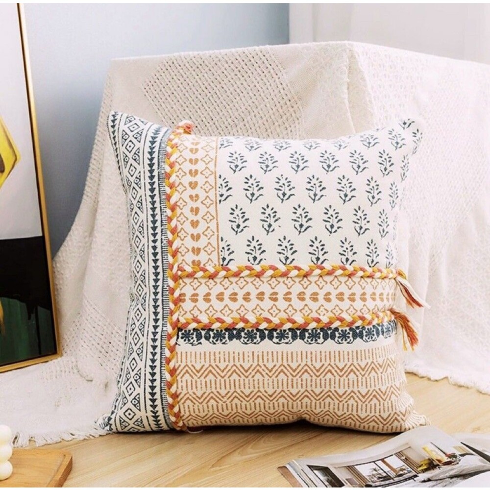 Boho Beige Muted Tufted Tassels Tribal Hand Woven Moroccan Textured Pillow Cover